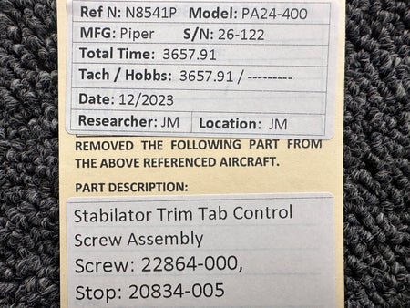 Piper Aircraft Parts 22864-000, 20834-005 Piper PA24-400 Stabilator Trim Tab Control Screw Assembly