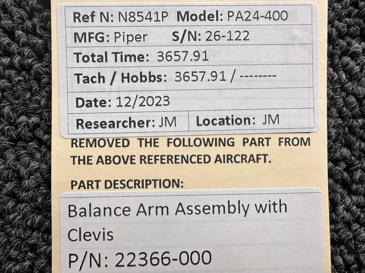 Piper Aircraft Parts 22366-000 Piper PA24-400 Balance Arm Assembly with Clevis