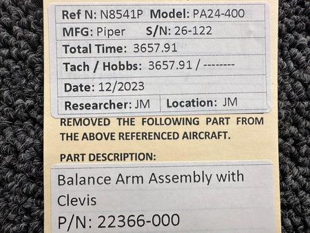 Piper Aircraft Parts 22366-000 Piper PA24-400 Balance Arm Assembly with Clevis