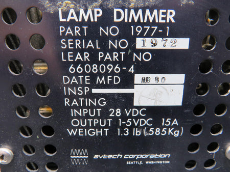 Avtech Corp. 1977-1 (Alt: 6608096-4) Avtech Corp. Lamp Dimmer Unit (Volts: 28)