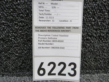 United Instruments 6020-60102 (Alt: C662026-0102) United Manifold Pressure Indicator