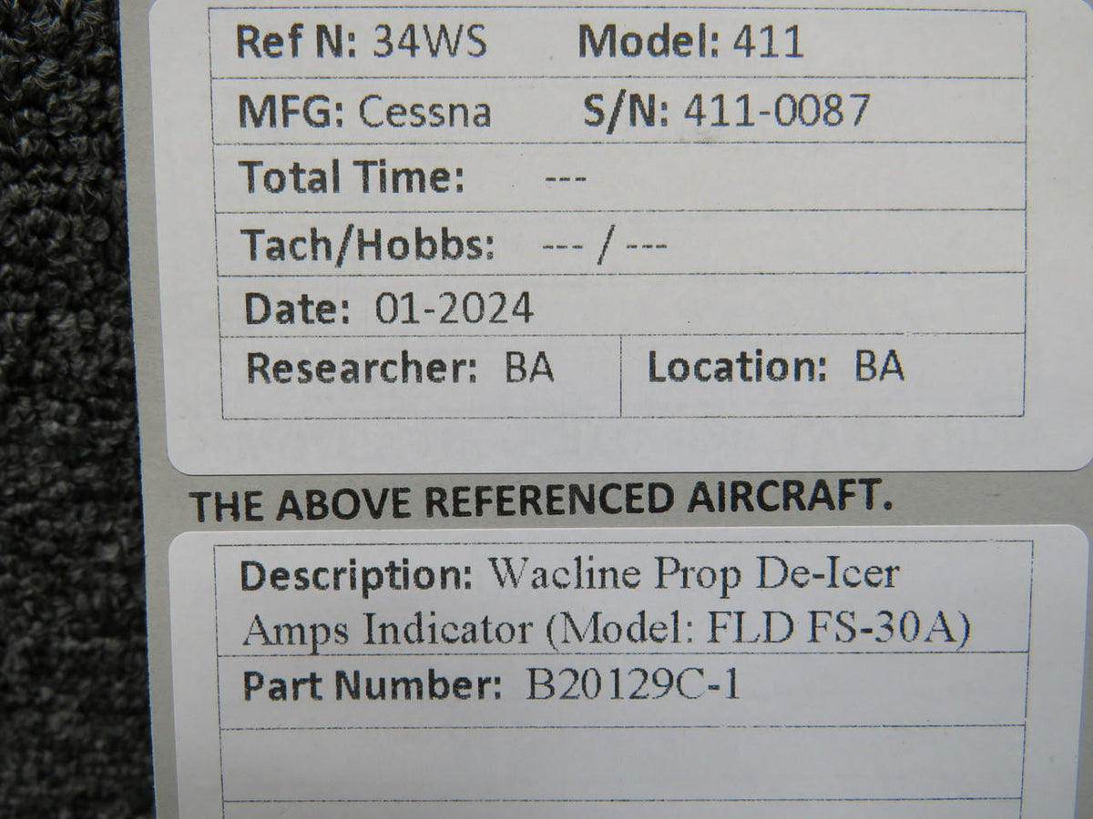 Wacline B20129C-1 Wacline FLD FS-30A Prop De-Ice Ammeter Indicator