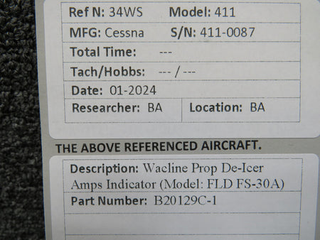 Wacline B20129C-1 Wacline FLD FS-30A Prop De-Ice Ammeter Indicator