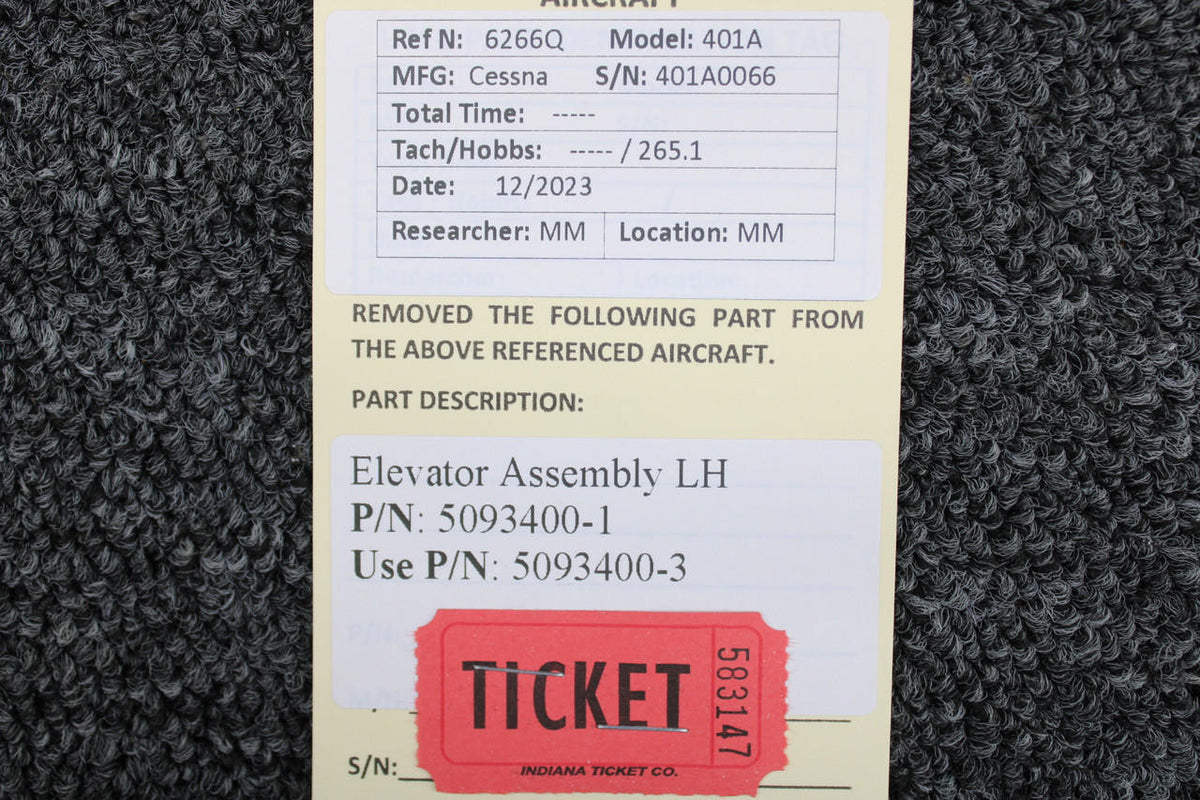 Cessna Aircraft Parts 5093400-1 (Use: 5093400-3) Cessna 401A Elevator Assembly LH