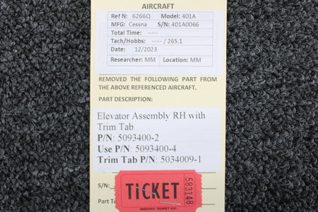 Cessna Aircraft Parts 5093400-2 (Use: 5093400-4) Cessna 401A Elevator Assembly RH with Trim Tab