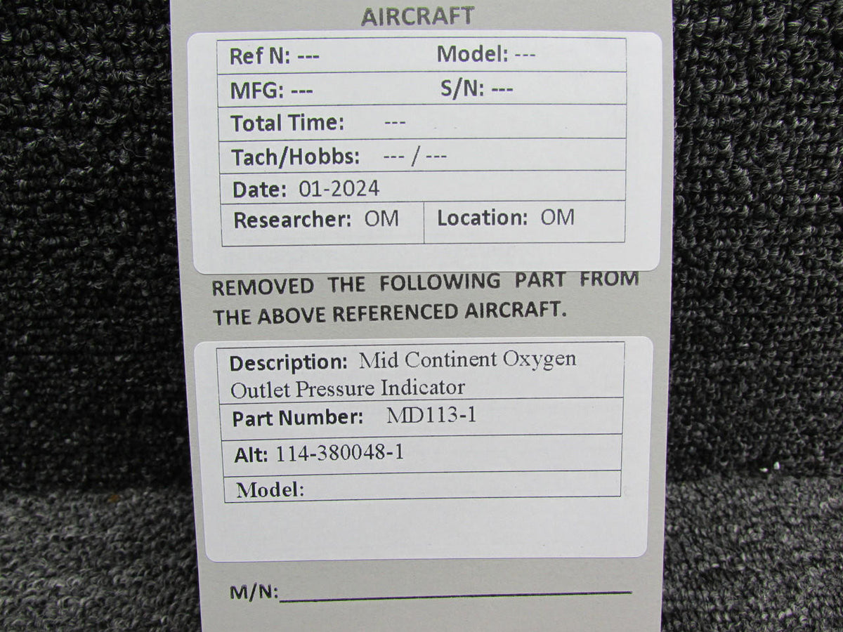 Mid-Continent MD113-1 (Alt: 114-380048-1) Mid-Continent Oxygen Outlet Pressure Indicator