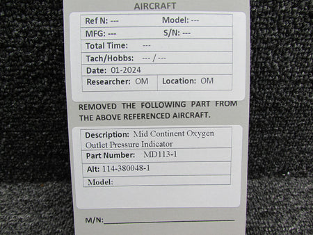 Mid-Continent MD113-1 (Alt: 114-380048-1) Mid-Continent Oxygen Outlet Pressure Indicator