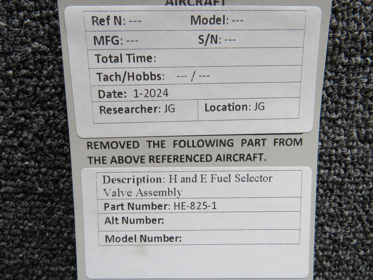 H and E Aircraft HE-825-1 H and E Fuel Selector Valve Assembly