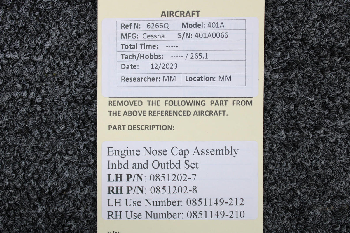 Cessna Aircraft Parts 0851202-7, 0851202-8 Cessna 401A Engine Nose Cap Assembly Inbd and Outbd Set