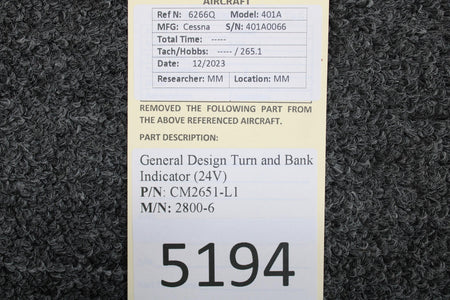 General Design CM2651-L1 General Design 2800-6 Turn and Bank Indicator (24V)
