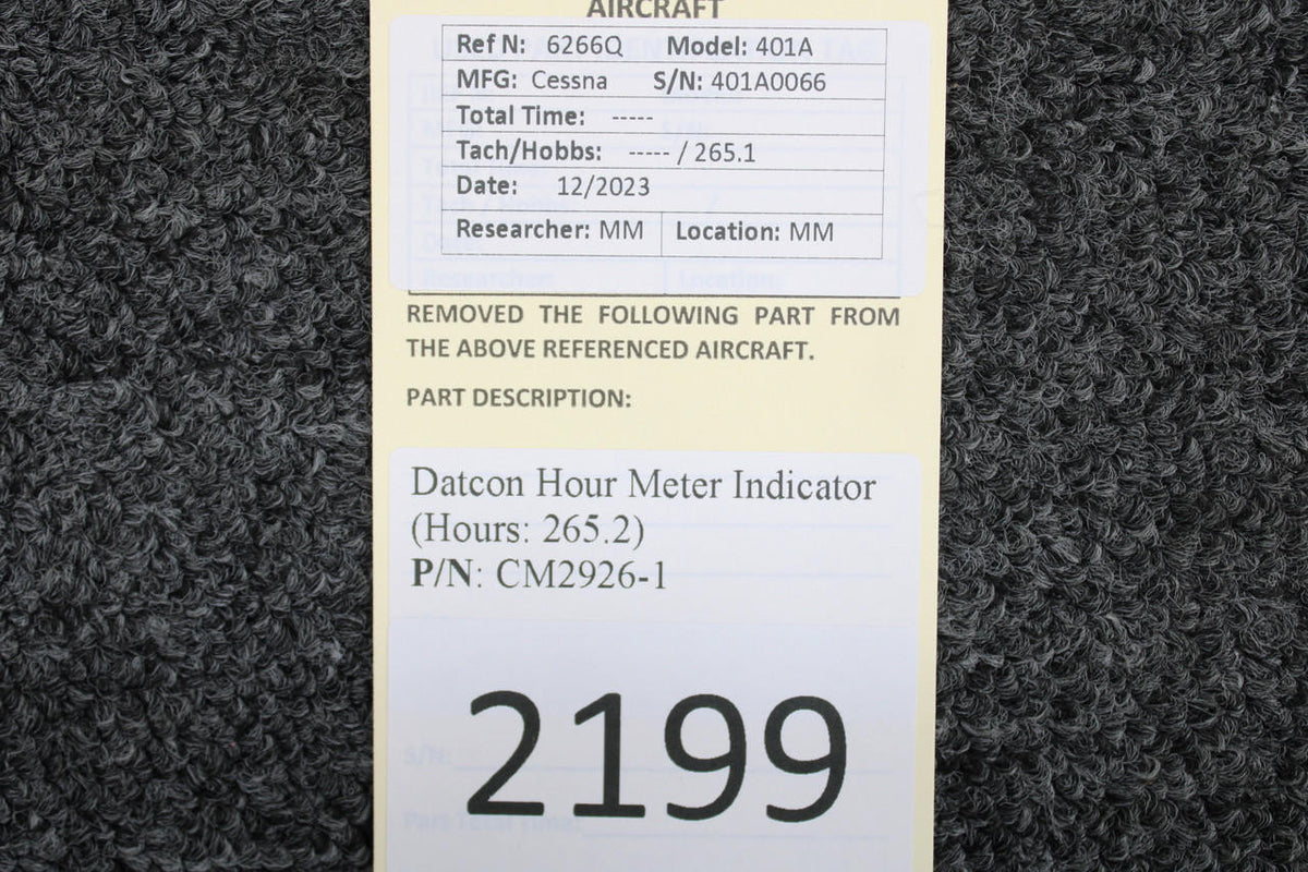 Datcon CM2926-1 Cessna 401A Datcon Hour Meter Indicator (Hours: 265.2)