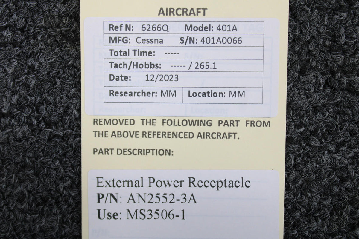 Cessna Aircraft Parts AN2552-3A (Use: MS3506-1) Cessna 401A External Power Receptacle