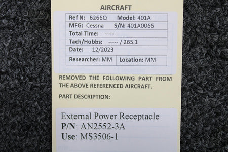 Cessna Aircraft Parts AN2552-3A (Use: MS3506-1) Cessna 401A External Power Receptacle