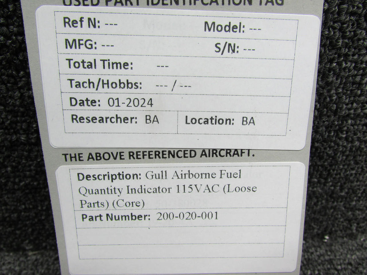 Gull Airborne 200-020-001 Gull Airborne Fuel Quantity Indicator 115VAC (Loose Parts) (Core)