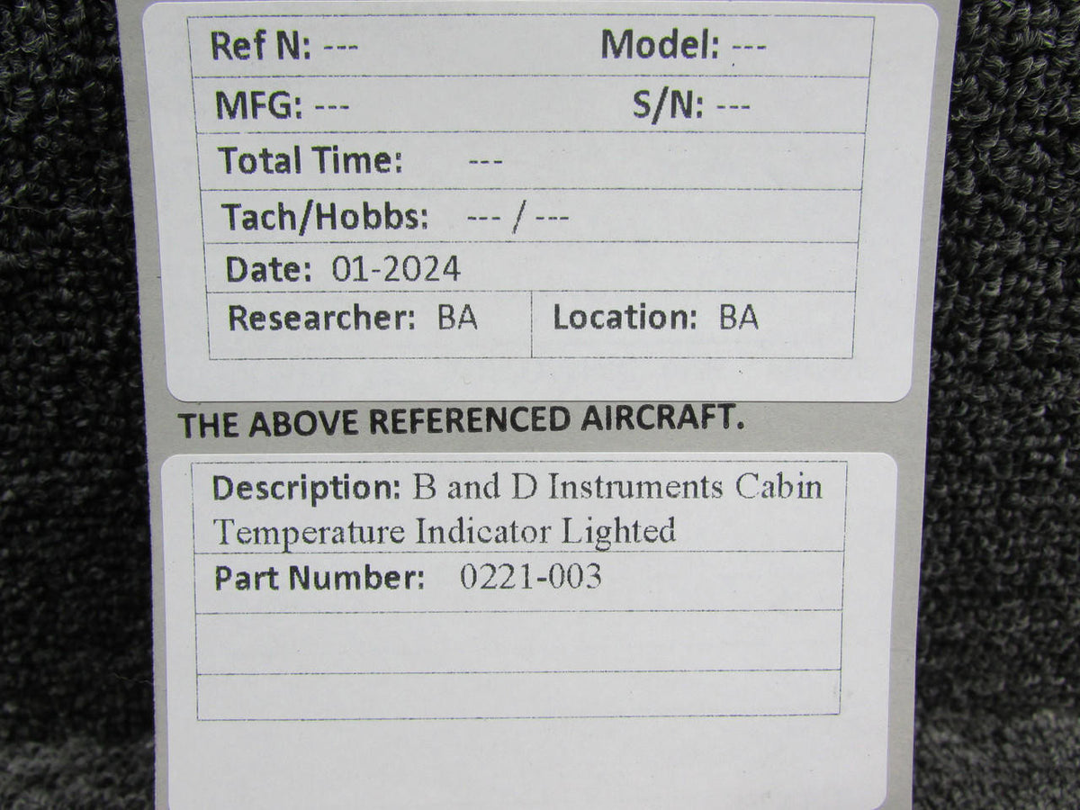 B and D Instruments 0221-003 B and D Instruments Cabin Temperature Indicator, Lighted