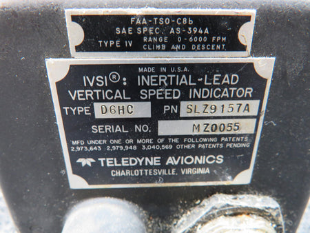 Teledyne SLZ9157A Teledyne D6HC Inertial-Lead Vertical Speed Indicator (Range: 0-6000fpm)