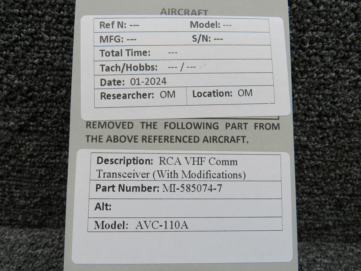 RCA MI-585074-7 RCA AVC-110A VHF Comm Transceiver with Modifications