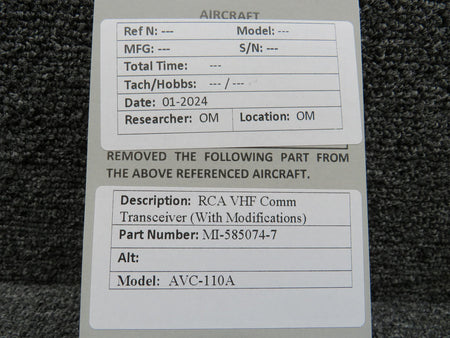 RCA MI-585074-7 RCA AVC-110A VHF Comm Transceiver with Modifications