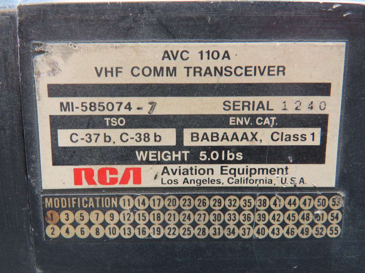 RCA MI-585074-7 RCA AVC-110A VHF Comm Transceiver with Modifications