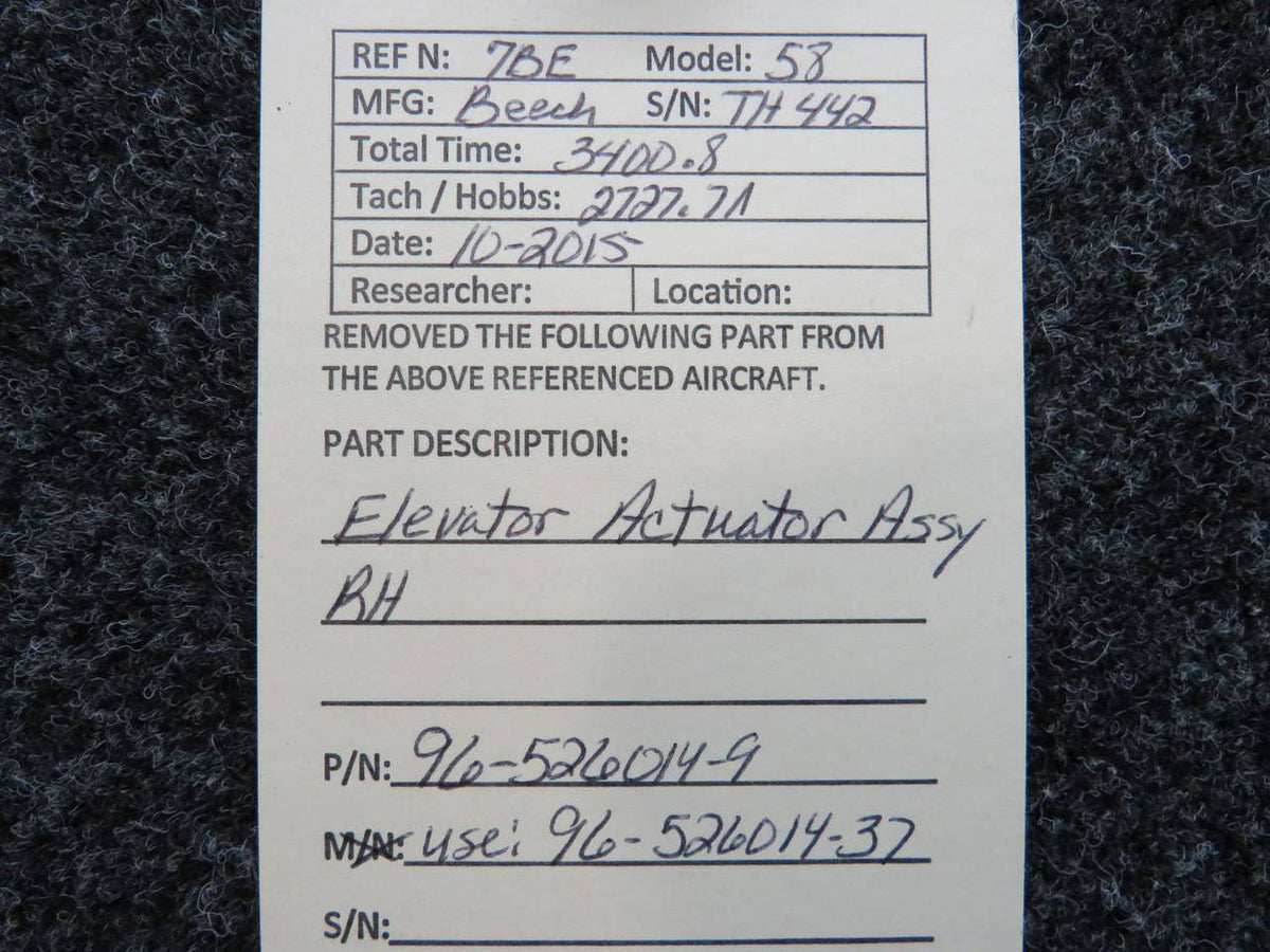 96-526014-9 (Use: 96-526014-37) Beech 58 Elevator Actuator Assembly RH BAS Part Sales | Airplane Parts