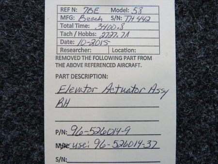96-526014-9 (Use: 96-526014-37) Beech 58 Elevator Actuator Assembly RH BAS Part Sales | Airplane Parts