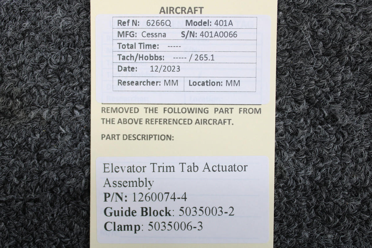 Cessna Aircraft Parts 1260074-4 Cessna 401A Elevator Trim Tab Actuator Assembly