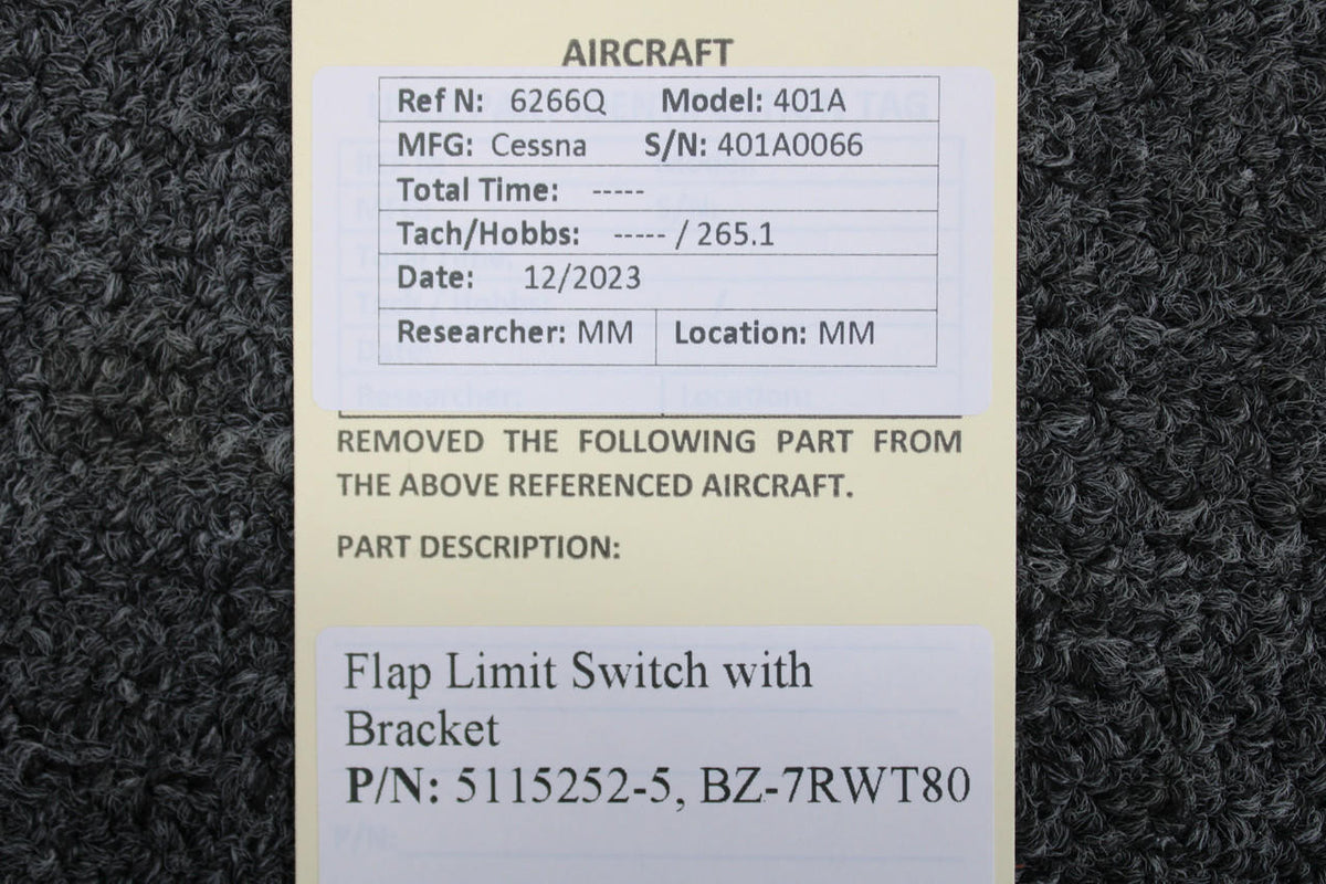 Cessna Aircraft Parts 5115252-5, BZ-7RWT80 Cessna 401A Flap Limit Switch with Bracket