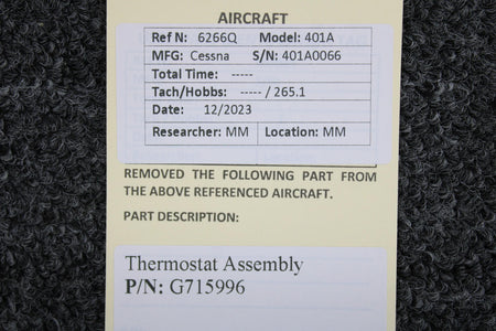 Cessna Aircraft Parts G715996 Cessna 401A Thermostat Assembly