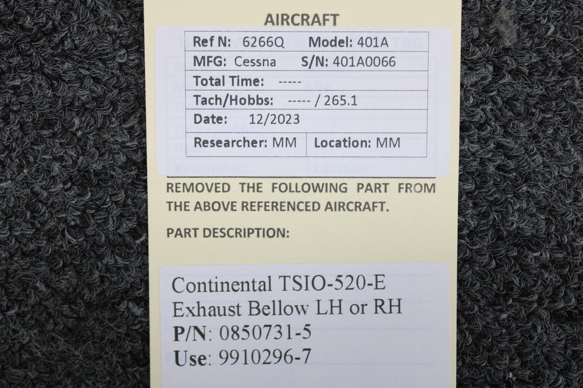 Continental 0850731-5 (Use: 9910296-7) Continental TSIO-520-E Exhaust Bellow LH or RH