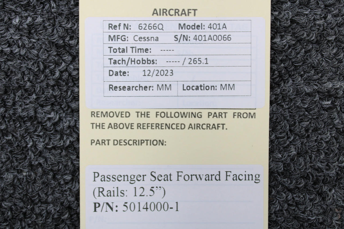 Cessna Aircraft Parts 5014000-1 Cessna 401A Passenger Seat Forward Facing (Rails: 12-1/2”)