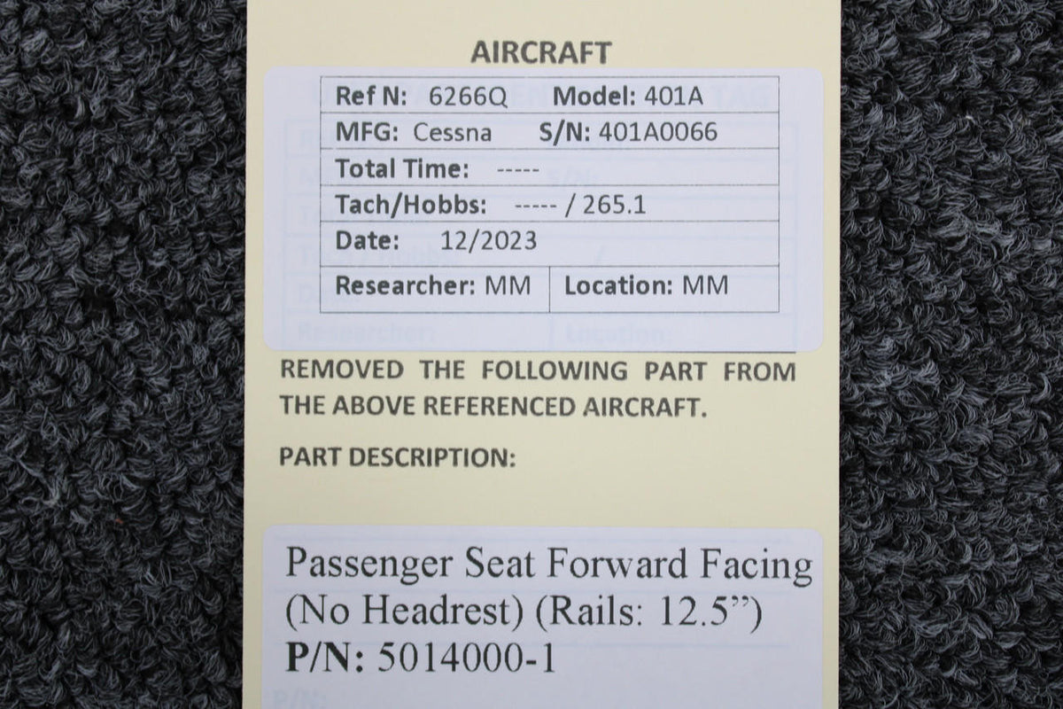 Cessna Aircraft Parts 5014000-1 Cessna 401A Passenger Seat Forward Facing (No Headrest) (Rails: 12.5”)