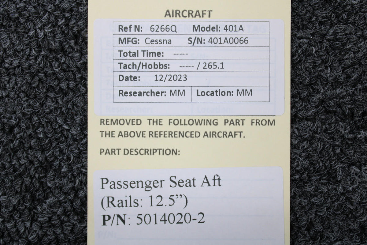 Cessna Aircraft Parts 5014020-2 Cessna 401A Passenger Seat Aft (Rails: 12-1/2”)
