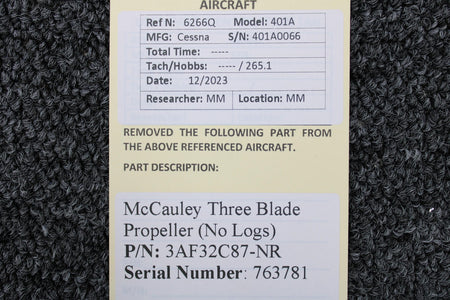 McCauley 3AF32C87-NR McCauley Three Blade Propeller (No Logs)
