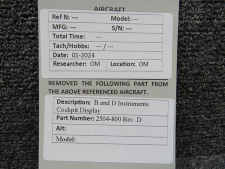 B and D Instruments 2504-800 Rev D B and D Instruments Cockpit Display Assy