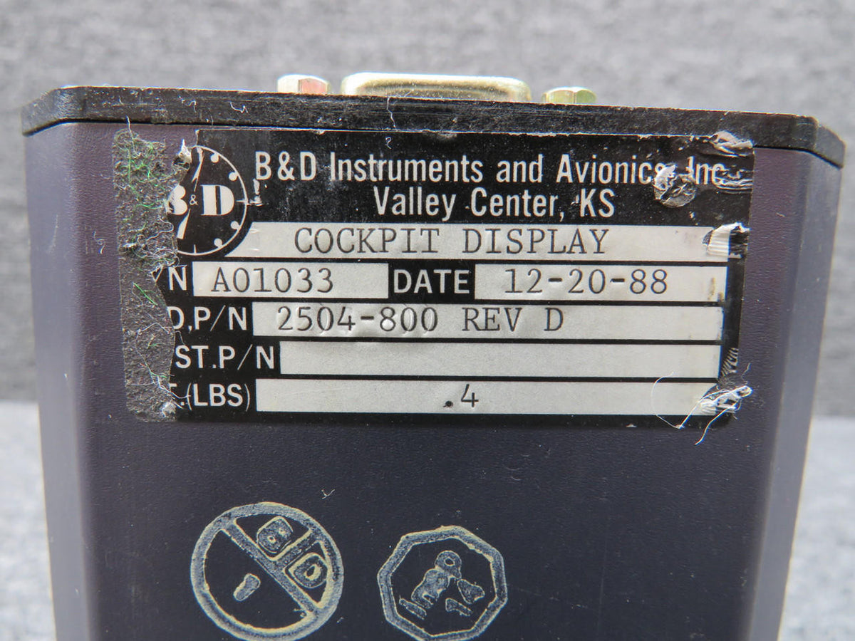 B and D Instruments 2504-800 Rev D B and D Instruments Cockpit Display Assy