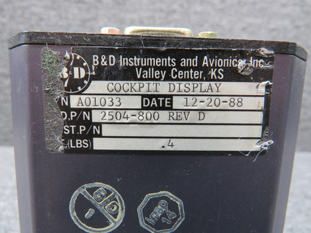 B and D Instruments 2504-800 Rev D B and D Instruments Cockpit Display Assy