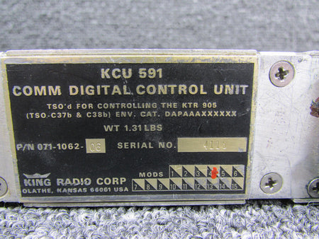 King 071-1062-06 King KCU-591 Comm Digital Control Unit with Mods (Cracked Screen)