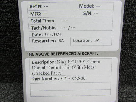 King 071-1062-06 King KCU-591 Comm Digital Control Unit with Mods (Cracked Face)