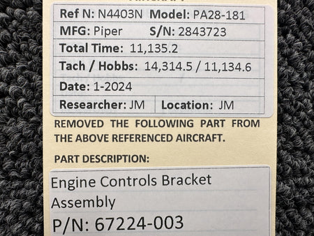 Piper Aircraft Parts 67224-003 Piper PA28-181 Engine Controls Bracket Assembly