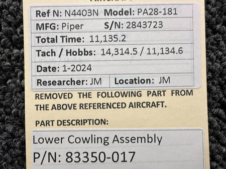 Piper Aircraft Parts 8335-017 Piper PA28-181 Lower Cowling Assembly
