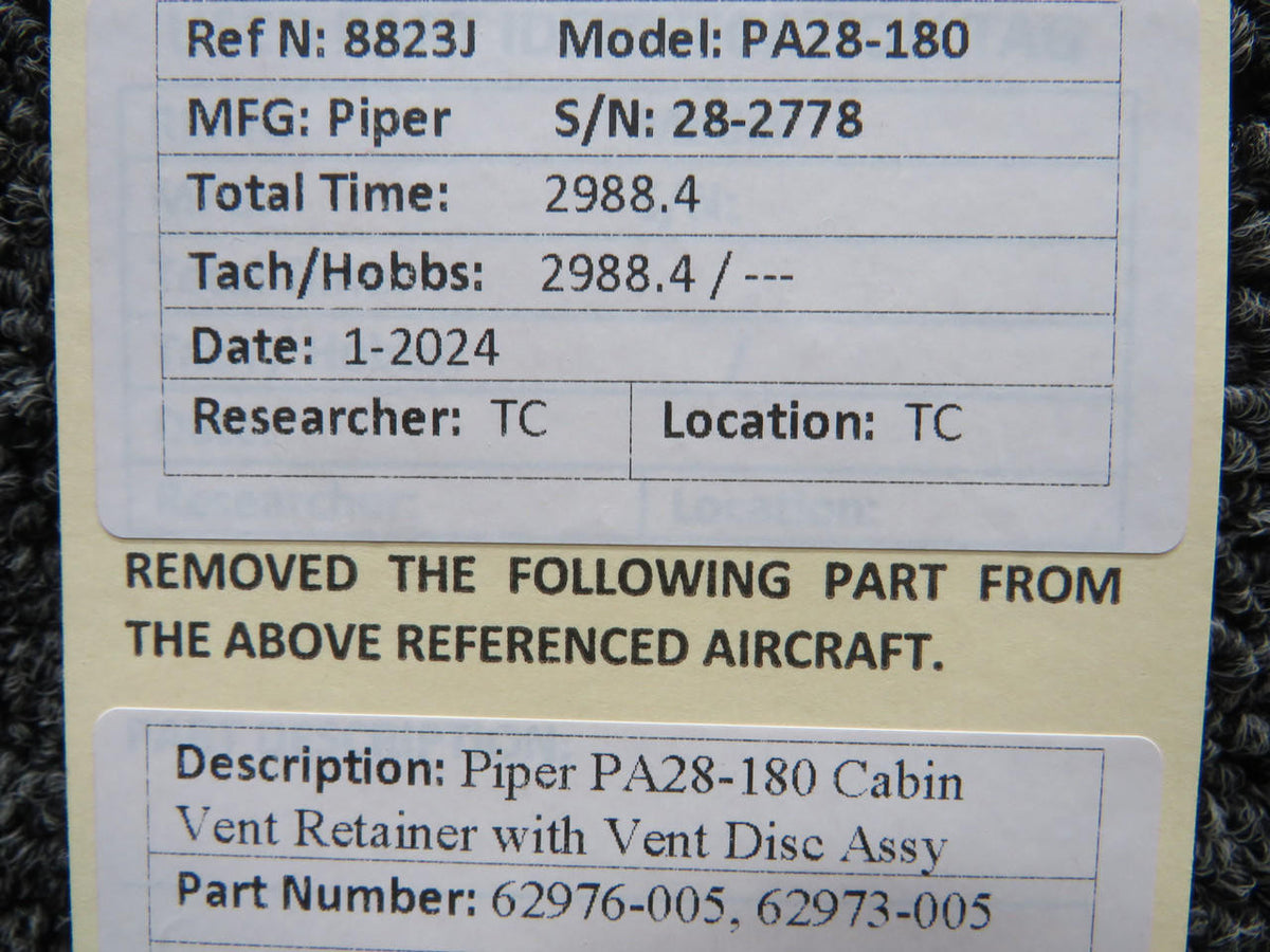 Piper Aircraft Parts 62976-005, 62973-005 Piper PA28-180 Cabin Vent Retainer with Vent Disc Assy
