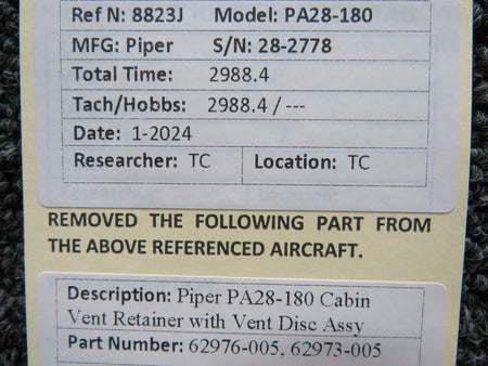 Piper Aircraft Parts 62976-005, 62973-005 Piper PA28-180 Cabin Vent Retainer with Vent Disc Assy