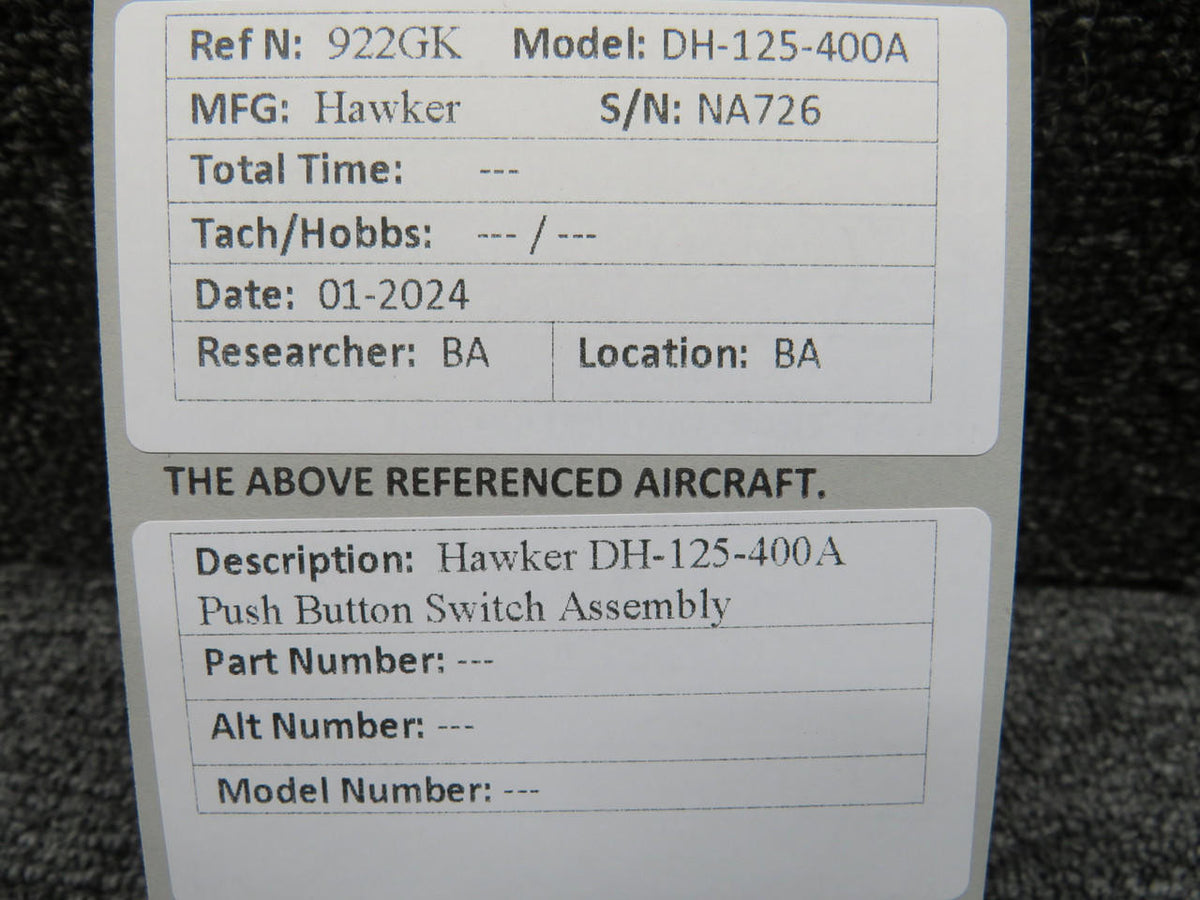 Hawker DH-125-400A Push Button Switch Assembly