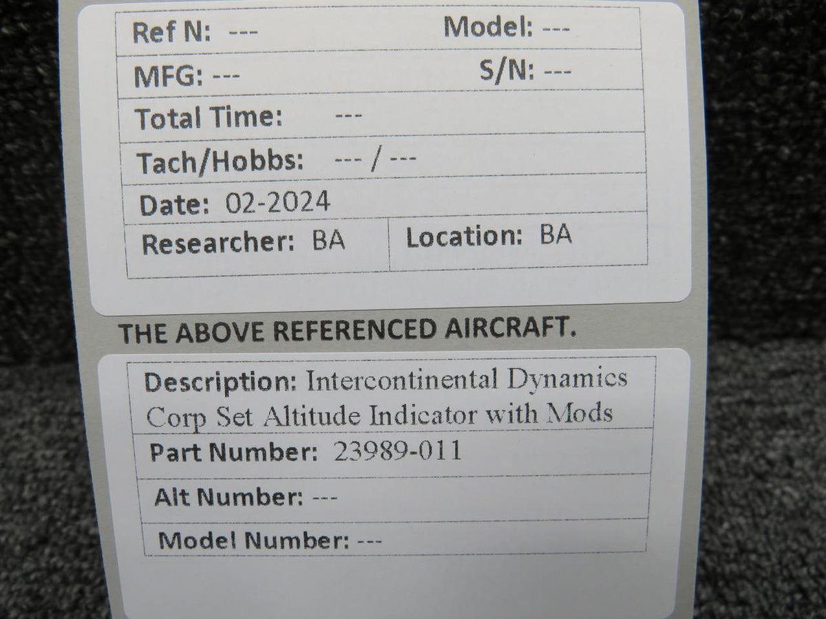 Intercontinental 23989-011 Intercontinental Dynamics Set Altitude Indicator with Modifications