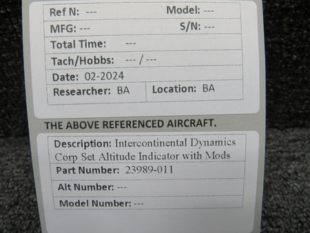 Intercontinental 23989-011 Intercontinental Dynamics Set Altitude Indicator with Modifications