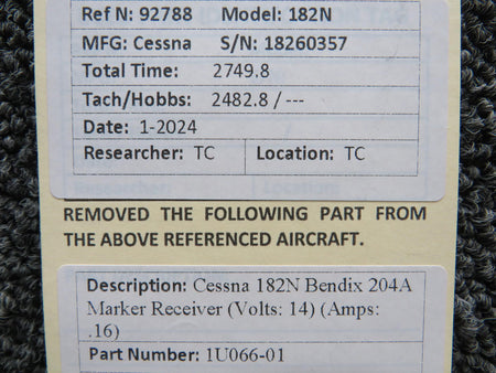 Bendix 1U066-01 Cessna 182N Bendix 204A Marker Receiver (Volts: 14) (Amps: .16)