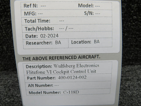 wulfsberg 400-0124-002 Wulfsberg Electronics C-118D Flitefone VI Cockpit Control Unit