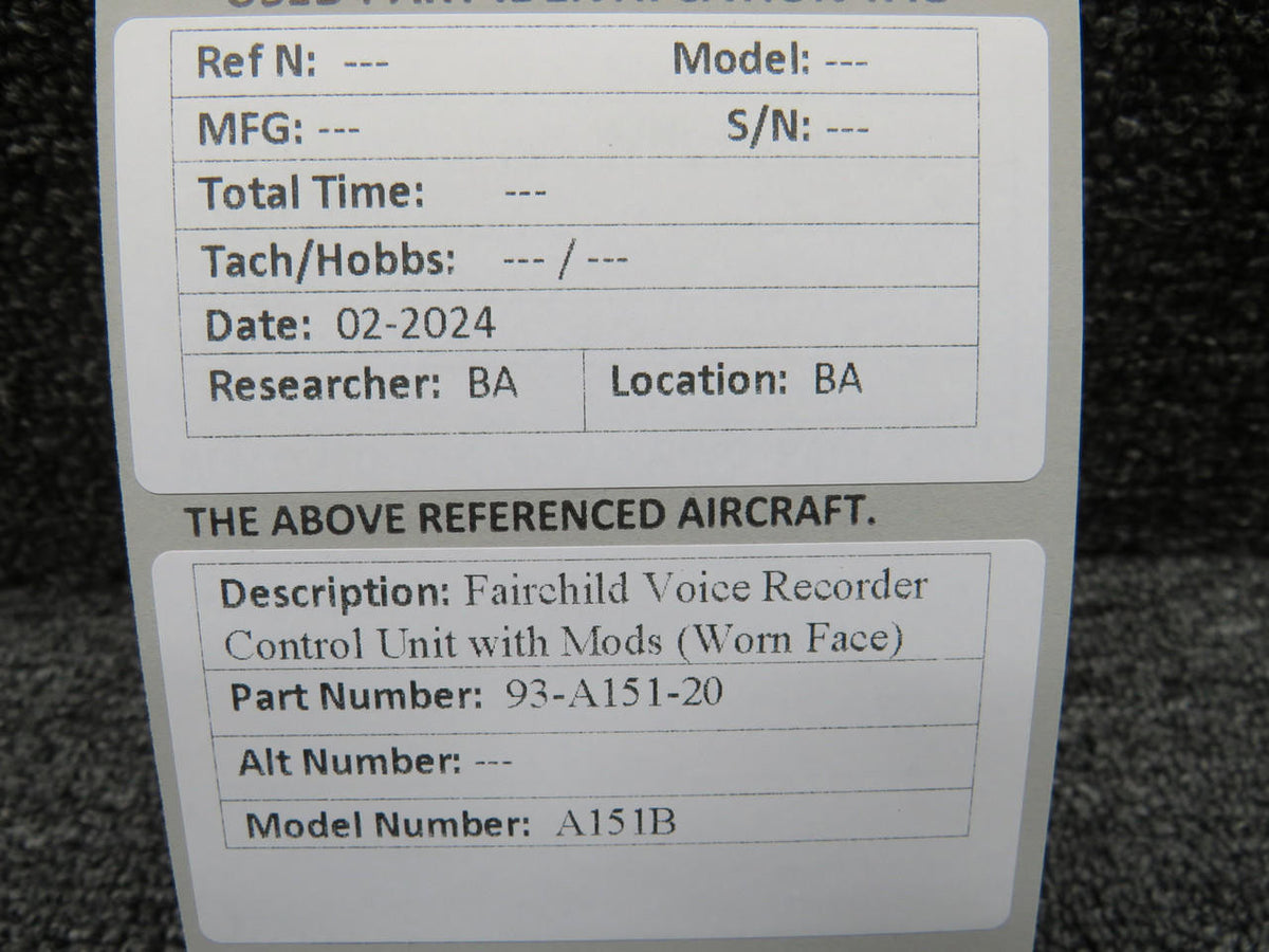 Fairchild Aviation 93-A151-20 Fairchild A151B Voice Recorder Control Unit with Mods (Worn Face)
