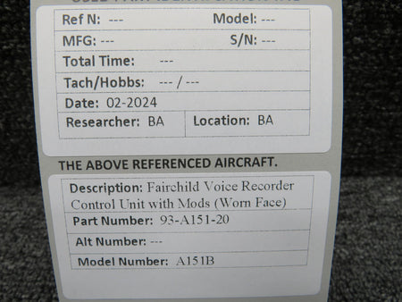 Fairchild Aviation 93-A151-20 Fairchild A151B Voice Recorder Control Unit with Mods (Worn Face)