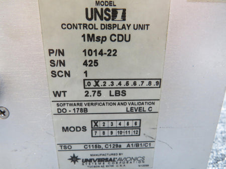 Universal Avionics Corp. 1014-22 Universal Avionics UNS1 Control Display Unit with Mods (Worn Face)